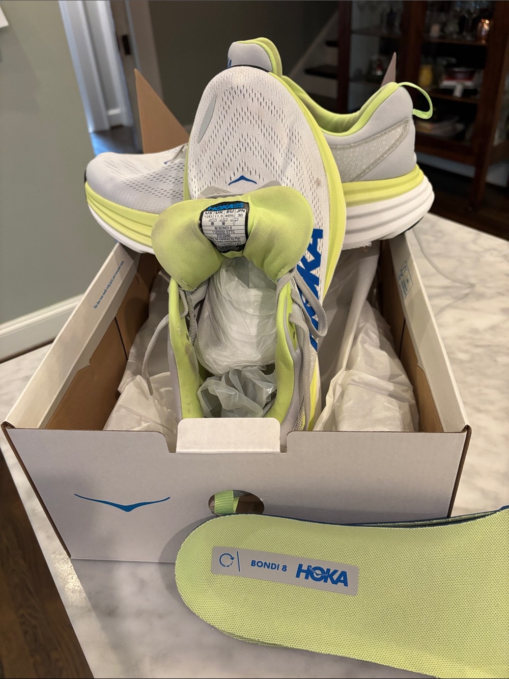 Hoka Bondi 8 Running Shoes in White and Lime